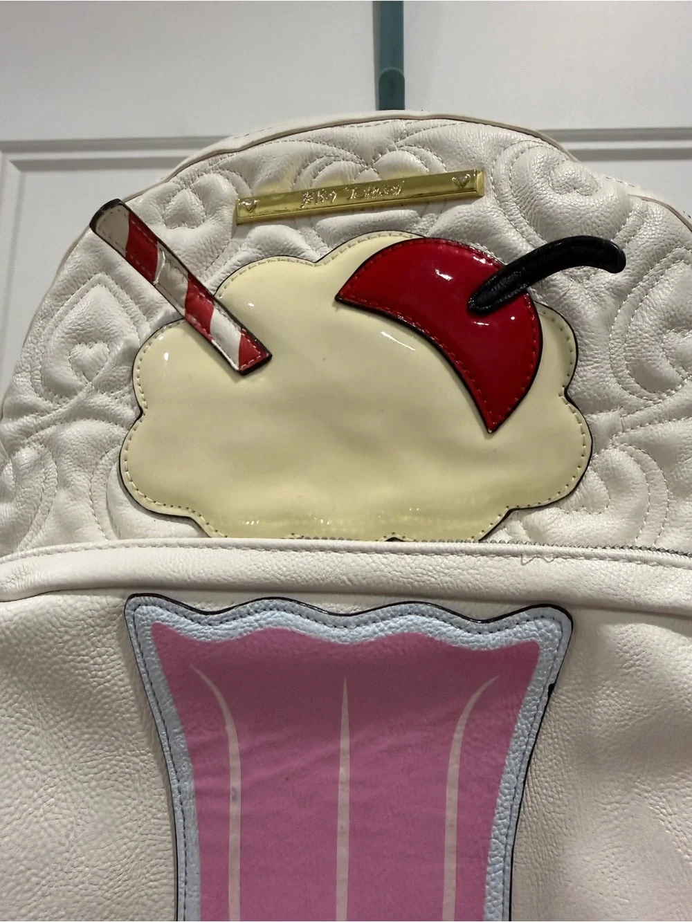 EUC Quilted Betsey Johnson Milkshake Backpack with Pink Cup and Red Cherry lined